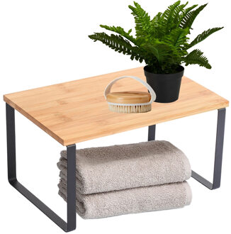 MSV Badkamerrek/bankje - 30 x 20 x 16 cm - zwart - metaal/bamboe hout