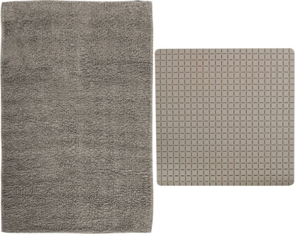 MSV Douche anti-slip mat en droogloop mat - Napoli badkamer set - rubber/polyester - beige - Badmatjes