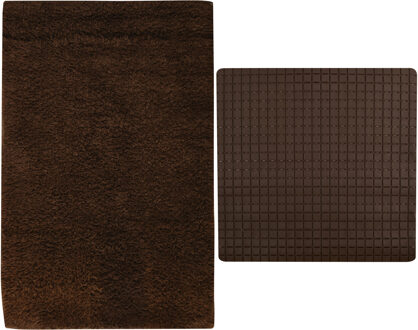 MSV Douche anti-slip mat en droogloop mat - Napoli badkamer set - rubber/polyester - bruin - Badmatjes