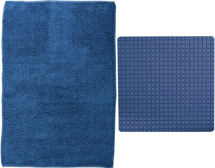 MSV Douche anti-slip mat en droogloop mat - Napoli badkamer set - rubber/polyester - donkerblauw - Badmatjes