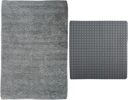 MSV Douche anti-slip mat en droogloop mat - Napoli badkamer set - rubber/polyester - donkergrijs - Badmatjes