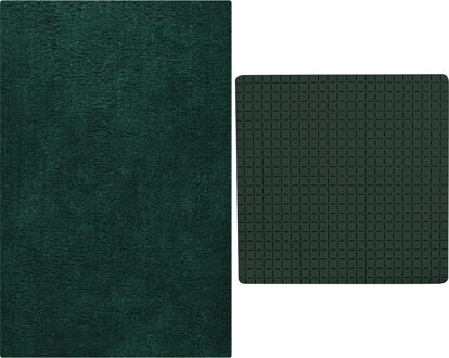 MSV Douche anti-slip mat en droogloop mat - Napoli badkamer set - rubber/polyester - donkergroen - Badmatjes