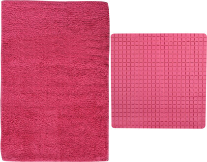 MSV Douche anti-slip mat en droogloop mat - Napoli badkamer set - rubber/polyester - fuchsia roze - Badmatjes