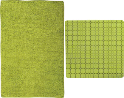 MSV Douche anti-slip mat en droogloop mat - Napoli badkamer set - rubber/polyester - limegroen - Badmatjes