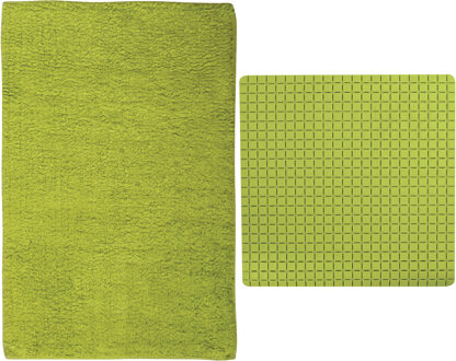 MSV Douche anti-slip mat en droogloop mat - Napoli badkamer set - rubber/polyester - limegroen