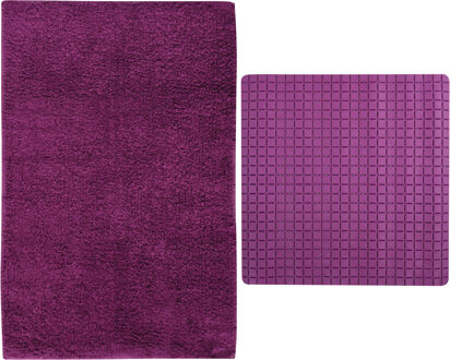 MSV Douche anti-slip mat en droogloop mat - Napoli badkamer set - rubber/polyester - paars - Badmatjes