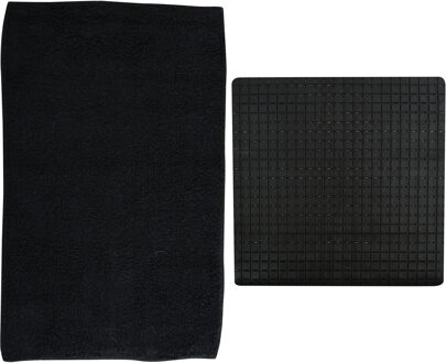 MSV Douche anti-slip mat en droogloop mat - Napoli badkamer set - rubber/polyester - zwart - Badmatjes