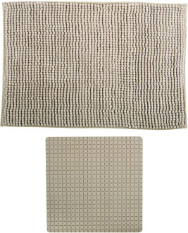 MSV Douche anti-slip mat en droogloop mat - Sevilla badkamer set - rubber/microvezel - beige - Badmatjes