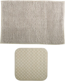 MSV Douche anti-slip mat en droogloop mat - Sevilla badkamer set - rubber/microvezel - beige - Badmatjes