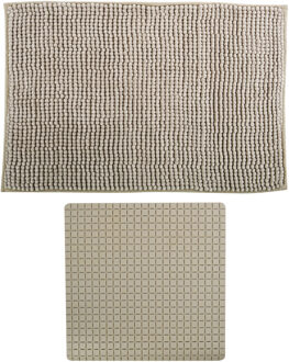 MSV Douche anti-slip mat en droogloop mat - Sevilla badkamer set - rubber/microvezel - beige - Badmatjes