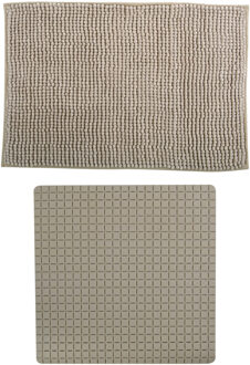 MSV Douche anti-slip mat en droogloop mat - Sevilla badkamer set - rubber/microvezel - beige - Badmatjes