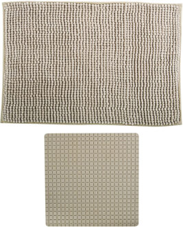 MSV Douche anti-slip mat en droogloop mat - Sevilla badkamer set - rubber/microvezel - beige