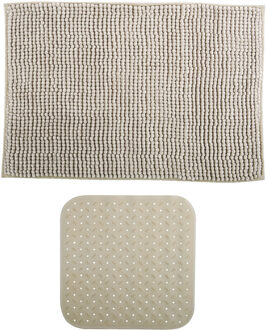 MSV Douche anti-slip mat en droogloop mat - Sevilla badkamer set - rubber/microvezel - beige