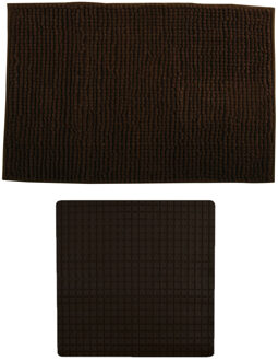 MSV Douche anti-slip mat en droogloop mat - Sevilla badkamer set - rubber/microvezel - bruin
