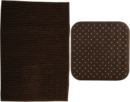 MSV Douche anti-slip mat en droogloop mat - Sevilla badkamer set - rubber/microvezel - bruin