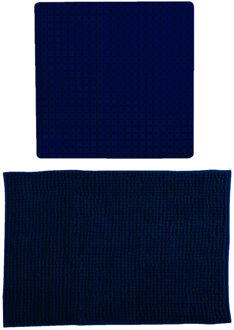 MSV Douche anti-slip mat en droogloop mat - Sevilla badkamer set - rubber/microvezel - donkerblauw - Badmatjes