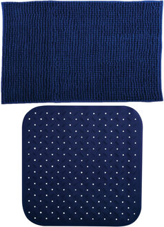 MSV Douche anti-slip mat en droogloop mat - Sevilla badkamer set - rubber/microvezel - donkerblauw - Badmatjes