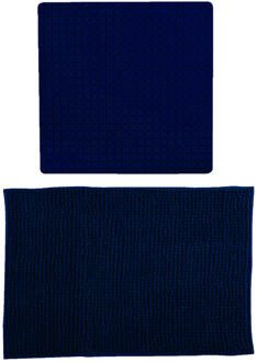 MSV Douche anti-slip mat en droogloop mat - Sevilla badkamer set - rubber/microvezel - donkerblauw