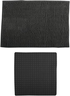 MSV Douche anti-slip mat en droogloop mat - Sevilla badkamer set - rubber/microvezel - donkergrijs - Badmatjes