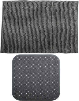 MSV Douche anti-slip mat en droogloop mat - Sevilla badkamer set - rubber/microvezel - donkergrijs - Badmatjes