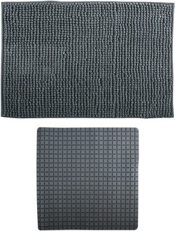 MSV Douche anti-slip mat en droogloop mat - Sevilla badkamer set - rubber/microvezel - donkergrijs - Badmatjes