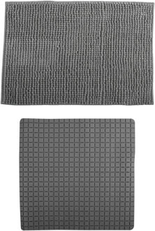 MSV Douche anti-slip mat en droogloop mat - Sevilla badkamer set - rubber/microvezel - donkergrijs - Badmatjes