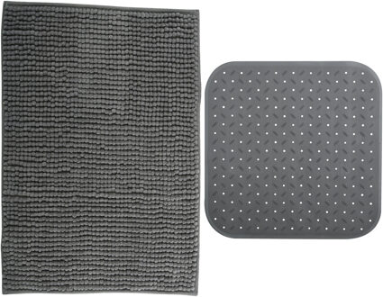 MSV Douche anti-slip mat en droogloop mat - Sevilla badkamer set - rubber/microvezel - donkergrijs - Badmatjes