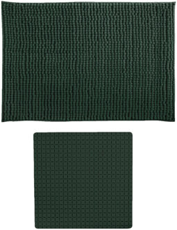 MSV Douche anti-slip mat en droogloop mat - Sevilla badkamer set - rubber/microvezel - donkergroen - Badmatjes