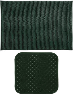 MSV Douche anti-slip mat en droogloop mat - Sevilla badkamer set - rubber/microvezel - donkergroen - Badmatjes