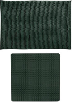 MSV Douche anti-slip mat en droogloop mat - Sevilla badkamer set - rubber/microvezel - donkergroen - Badmatjes