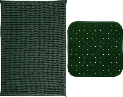 MSV Douche anti-slip mat en droogloop mat - Sevilla badkamer set - rubber/microvezel - donkergroen