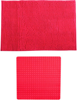 MSV Douche anti-slip mat en droogloop mat - Sevilla badkamer set - rubber/microvezel - fuchsia roze - Badmatjes