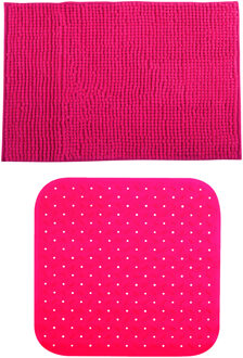 MSV Douche anti-slip mat en droogloop mat - Sevilla badkamer set - rubber/microvezel - fuchsia roze - Badmatjes