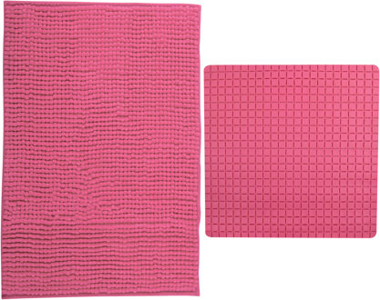 MSV Douche anti-slip mat en droogloop mat - Sevilla badkamer set - rubber/microvezel - fuchsia roze - Badmatjes