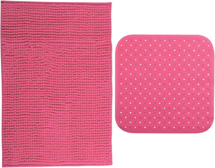 MSV Douche anti-slip mat en droogloop mat - Sevilla badkamer set - rubber/microvezel - fuchsia roze - Badmatjes