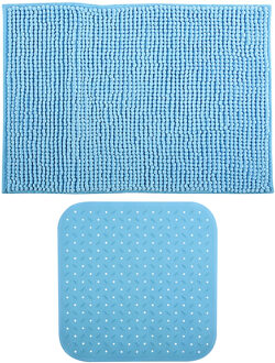 MSV Douche anti-slip mat en droogloop mat - Sevilla badkamer set - rubber/microvezel - lichtblauw - Badmatjes