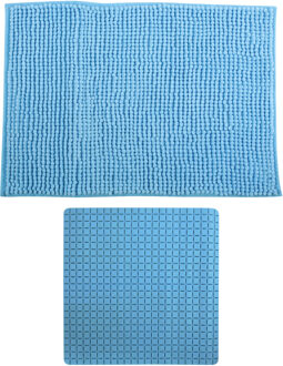 MSV Douche anti-slip mat en droogloop mat - Sevilla badkamer set - rubber/microvezel - lichtblauw