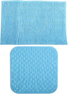 MSV Douche anti-slip mat en droogloop mat - Sevilla badkamer set - rubber/microvezel - lichtblauw