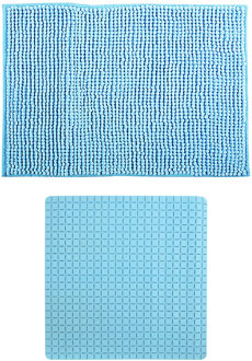 MSV Douche anti-slip mat en droogloop mat - Sevilla badkamer set - rubber/microvezel - lichtblauw