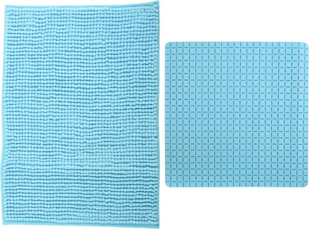 MSV Douche anti-slip mat en droogloop mat - Sevilla badkamer set - rubber/microvezel - lichtblauw