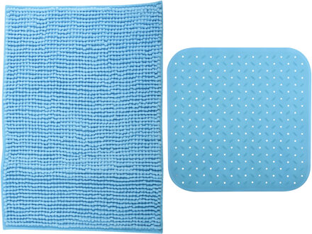 MSV Douche anti-slip mat en droogloop mat - Sevilla badkamer set - rubber/microvezel - lichtblauw
