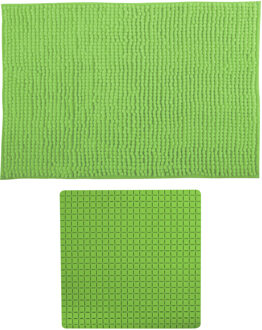 MSV Douche anti-slip mat en droogloop mat - Sevilla badkamer set - rubber/microvezel - limegroen - Badmatjes