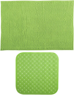 MSV Douche anti-slip mat en droogloop mat - Sevilla badkamer set - rubber/microvezel - limegroen - Badmatjes