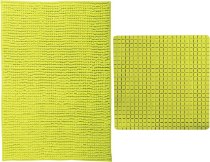 MSV Douche anti-slip mat en droogloop mat - Sevilla badkamer set - rubber/microvezel - limegroen - Badmatjes