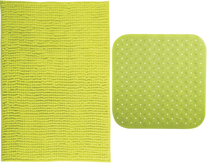 MSV Douche anti-slip mat en droogloop mat - Sevilla badkamer set - rubber/microvezel - limegroen - Badmatjes