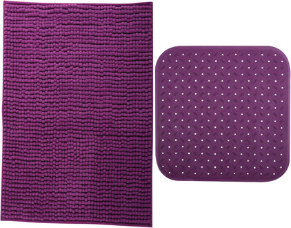 MSV Douche anti-slip mat en droogloop mat - Sevilla badkamer set - rubber/microvezel - paars