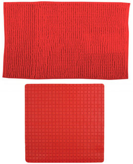 MSV Douche anti-slip mat en droogloop mat - Sevilla badkamer set - rubber/microvezel - rood - Badmatjes