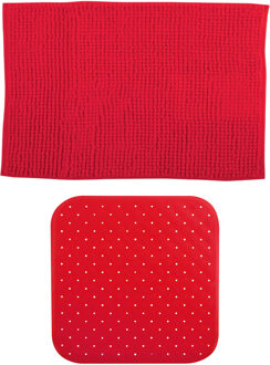 MSV Douche anti-slip mat en droogloop mat - Sevilla badkamer set - rubber/microvezel - rood - Badmatjes