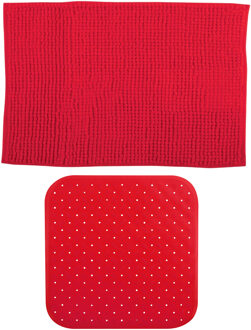 MSV Douche anti-slip mat en droogloop mat - Sevilla badkamer set - rubber/microvezel - rood - Badmatjes