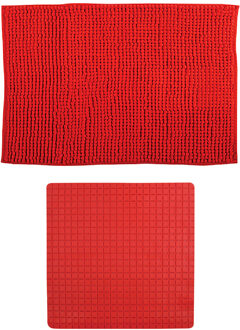 MSV Douche anti-slip mat en droogloop mat - Sevilla badkamer set - rubber/microvezel - rood - Badmatjes